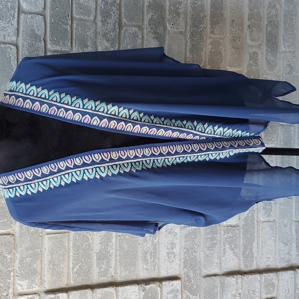 Lorimer Kimono One Size Womens Sheer Blue Embroidered Beach Coverup